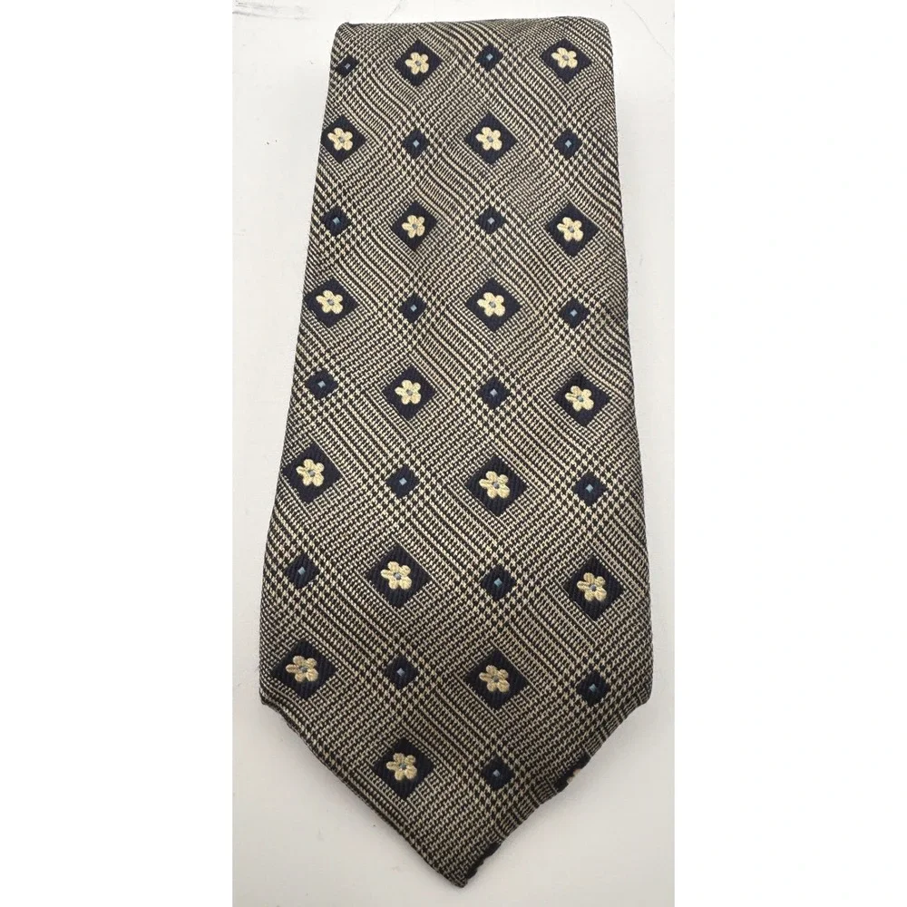 Lands' End Men's Silk Necktie Navy & Tan Glen Plaid Floral Geometric Classic Tie